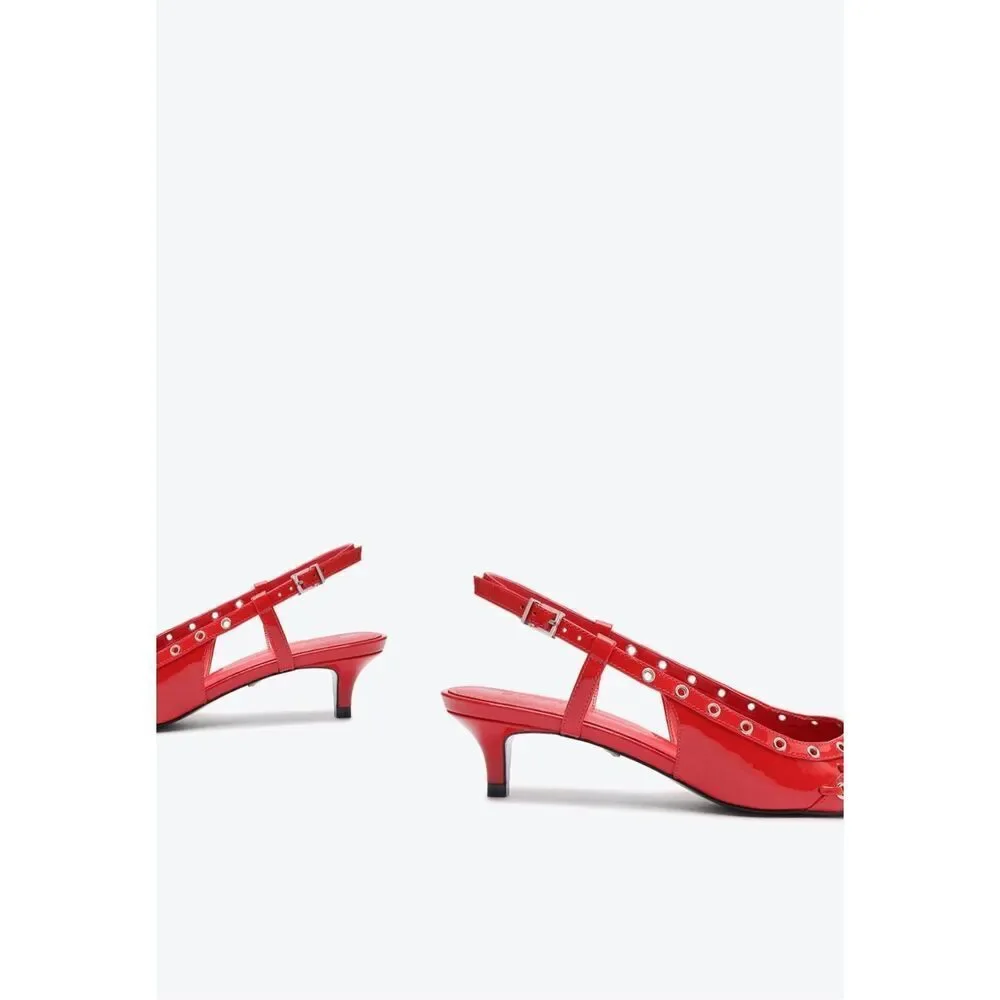 Schutz Chic Ruth 1.6” Mid Patent Leather Kitten Heel Pump Flame Scar Red 6.5